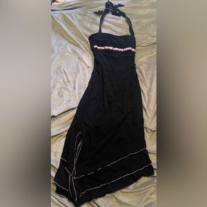 Black with lavender trim and flowers at bust tie neck dress EUC